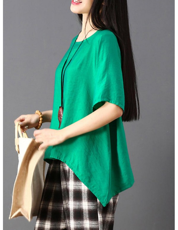 Plus Size Women Irregular Hem Pure Color Loose Blouse