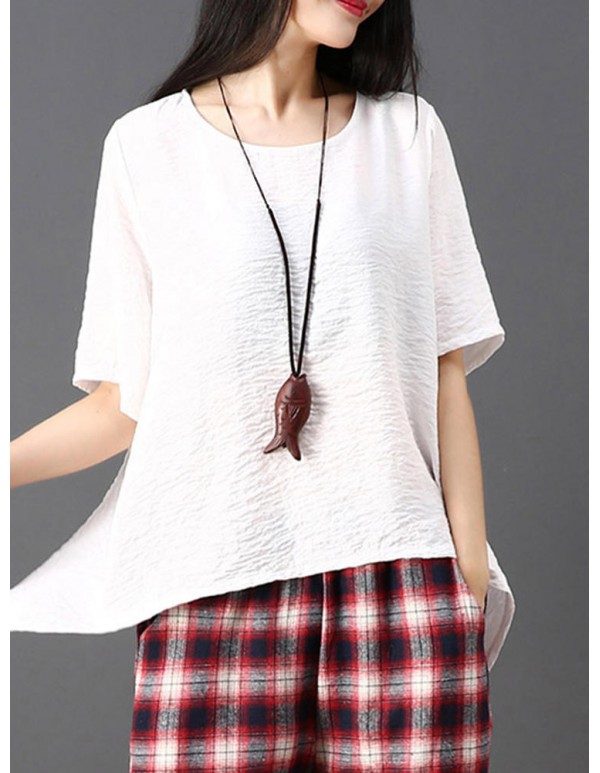 Plus Size Women Irregular Hem Pure Color Loose Blouse