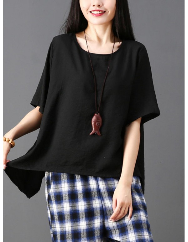 Plus Size Women Irregular Hem Pure Color Loose Blouse