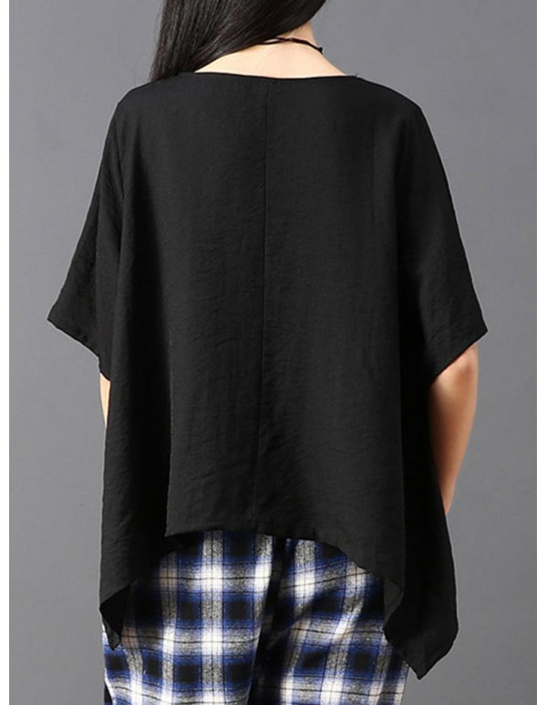 Plus Size Women Irregular Hem Pure Color Loose Blouse