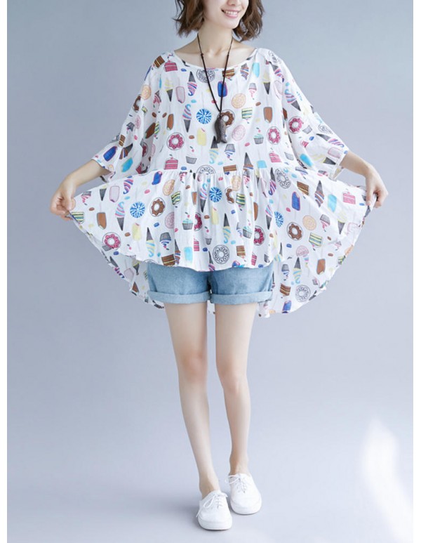 Plus Size Cartoon Print Pleated Hem O-Neck Short Sleeve Peplum Blouse