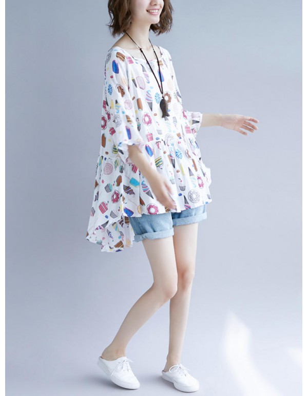 Plus Size Cartoon Print Pleated Hem O-Neck Short Sleeve Peplum Blouse