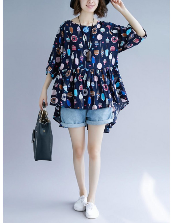 Plus Size Cartoon Print Pleated Hem O-Neck Short Sleeve Peplum Blouse