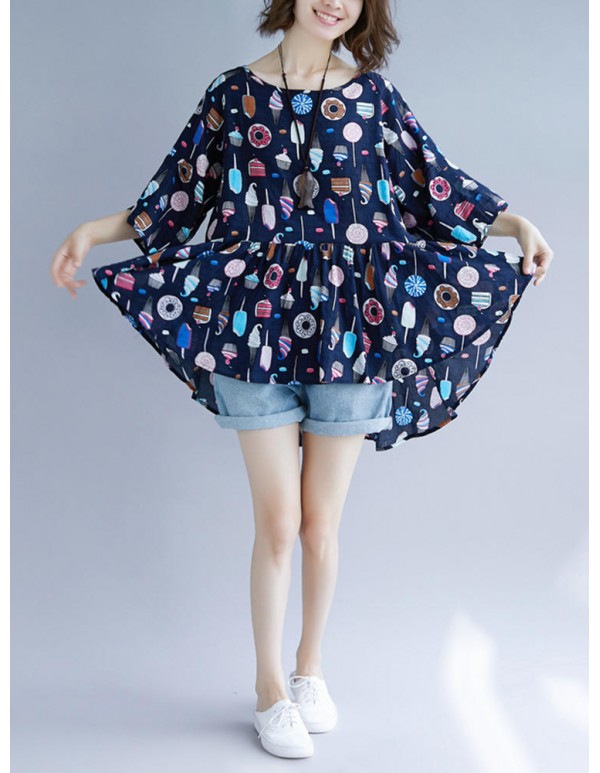 Plus Size Cartoon Print Pleated Hem O-Neck Short Sleeve Peplum Blouse