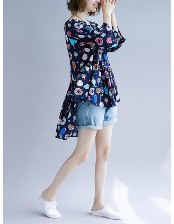 Plus Size Cartoon Print Pleated Hem O-Neck Short Sleeve Peplum Blouse
