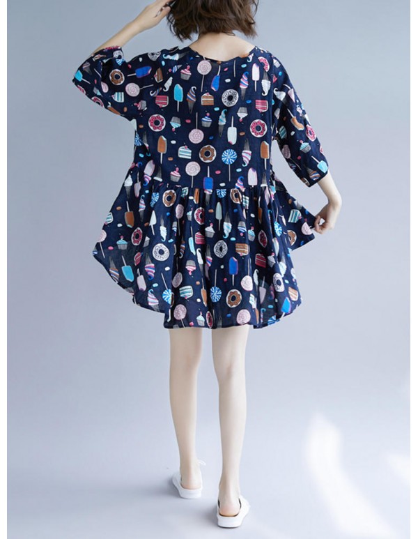 Plus Size Cartoon Print Pleated Hem O-Neck Short Sleeve Peplum Blouse