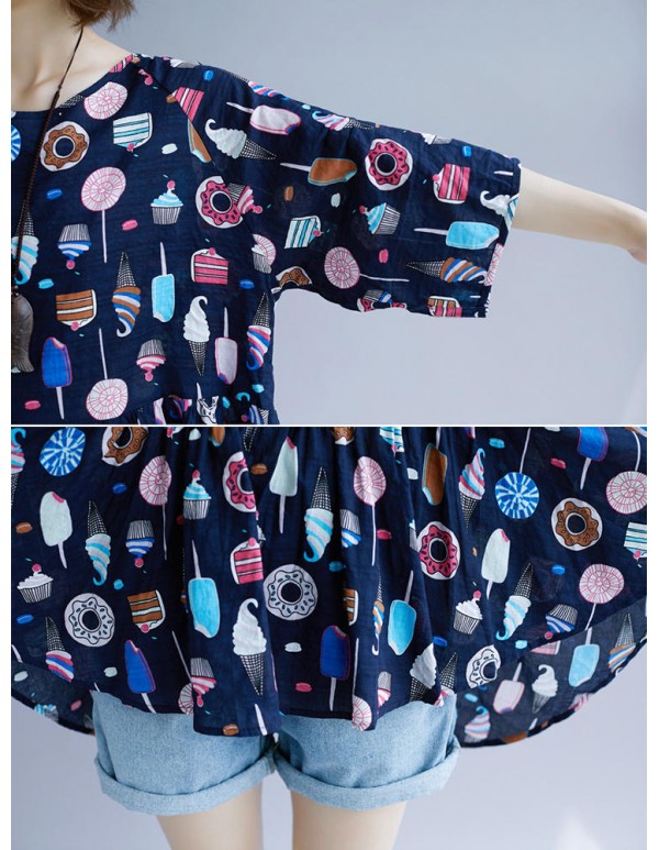 Plus Size Cartoon Print Pleated Hem O-Neck Short Sleeve Peplum Blouse