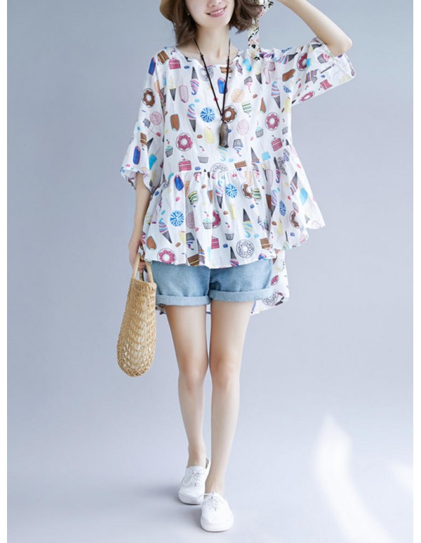Plus Size Cartoon Print Pleated Hem O-Neck Short Sleeve Peplum Blouse