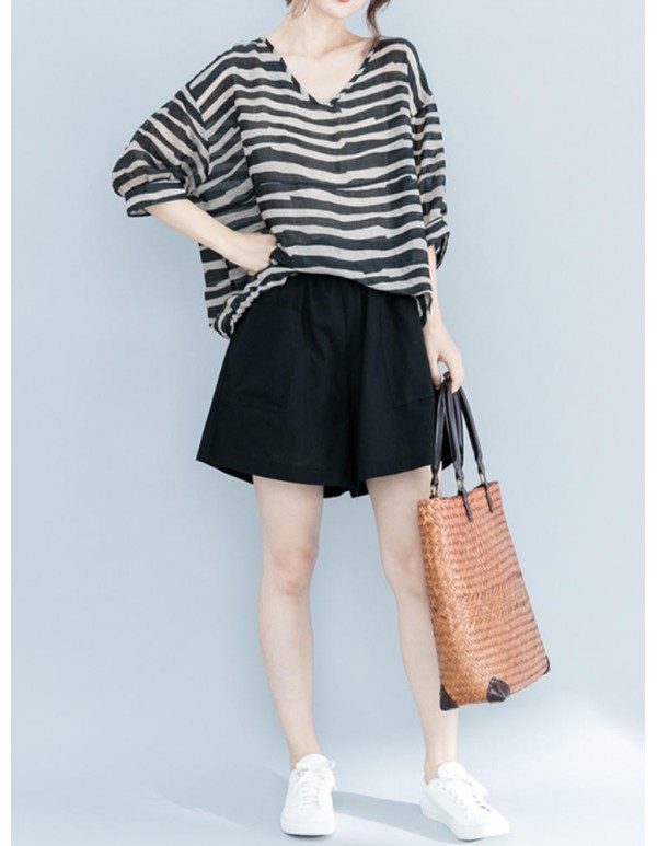 Plus Size Zebra Stripe V-Neck Half Sleeve Loose Shirts