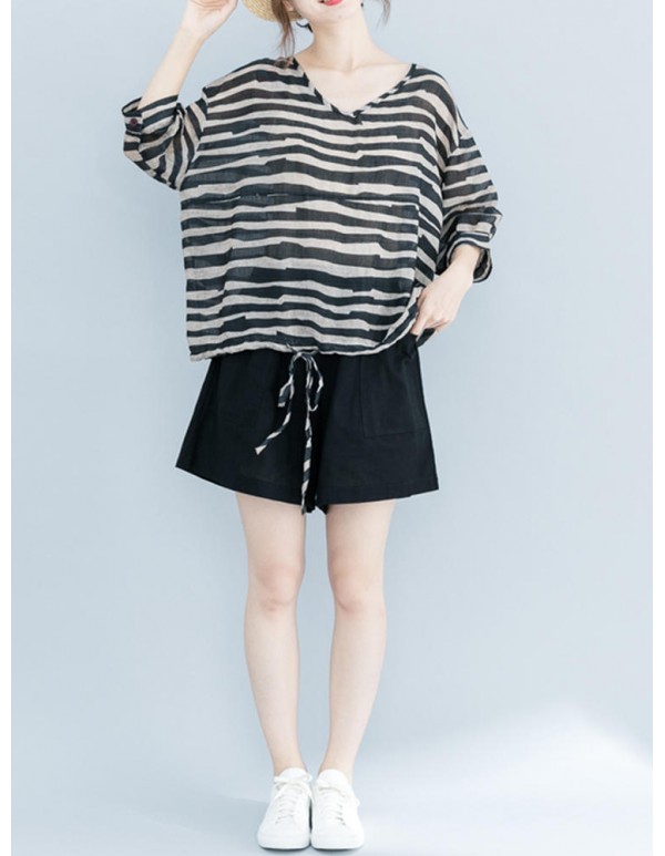 Plus Size Zebra Stripe V-Neck Half Sleeve Loose Shirts
