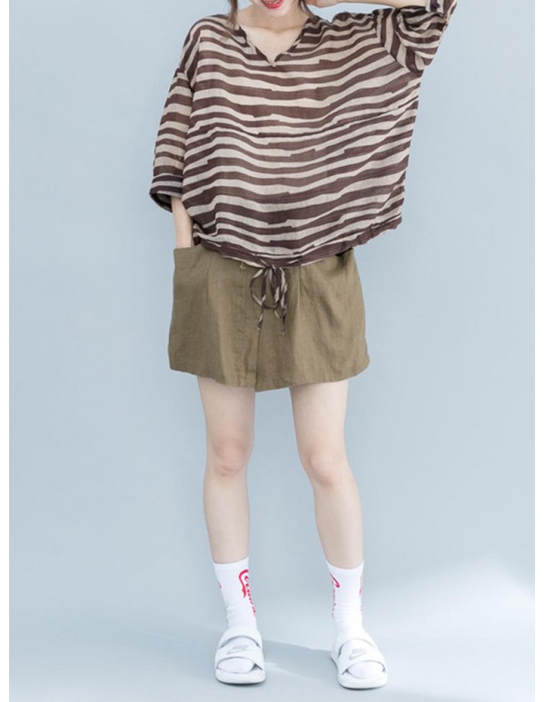 Plus Size Zebra Stripe V-Neck Half Sleeve Loose Shirts