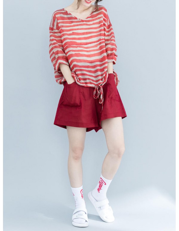 Plus Size Zebra Stripe V-Neck Half Sleeve Loose Shirts