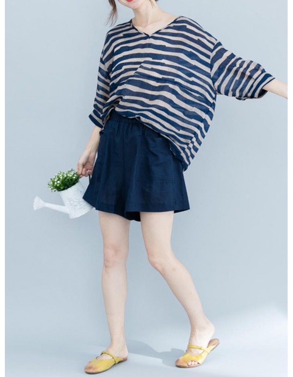 Plus Size Zebra Stripe V-Neck Half Sleeve Loose Shirts
