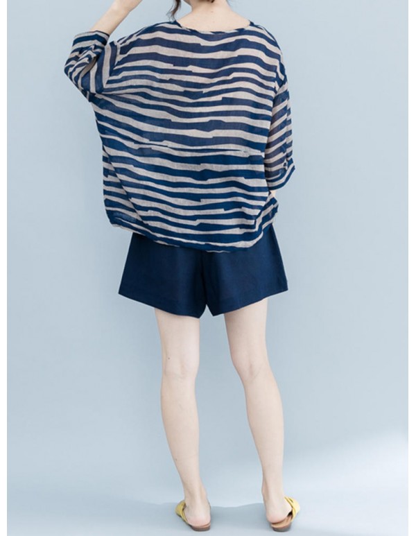 Plus Size Zebra Stripe V-Neck Half Sleeve Loose Shirts
