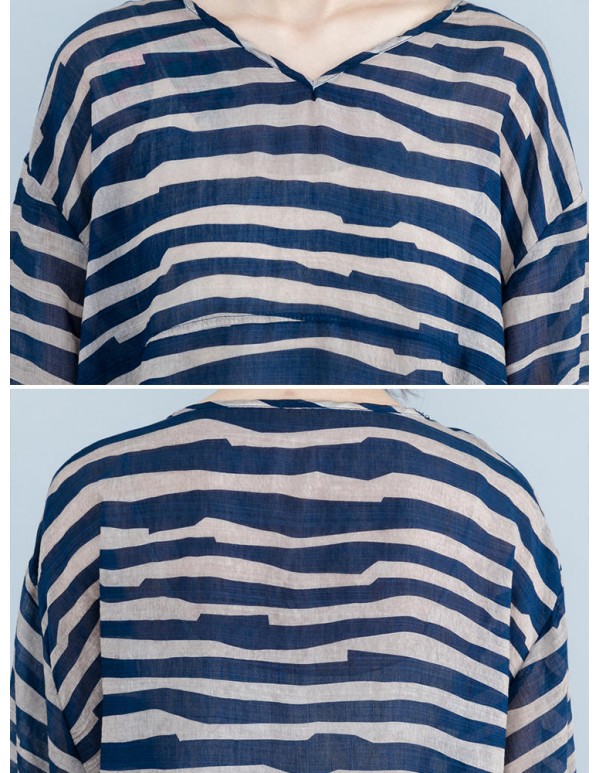 Plus Size Zebra Stripe V-Neck Half Sleeve Loose Shirts