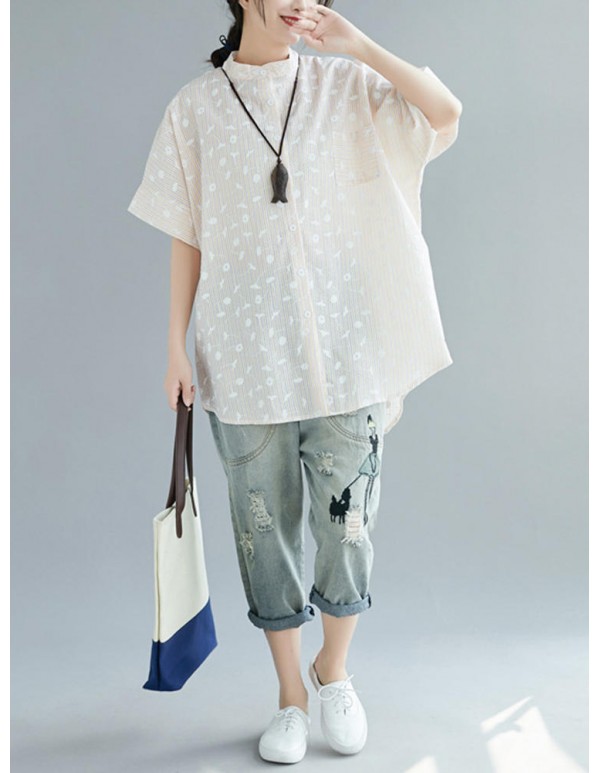 Women Casual Crew Neck Short Sleeves Leaves Print Striped Button Blouse