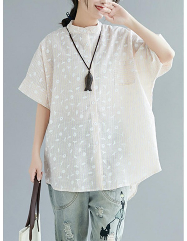 Women Casual Crew Neck Short Sleeves Leaves Print Striped Button Blouse