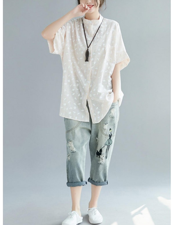 Women Casual Crew Neck Short Sleeves Leaves Print Striped Button Blouse