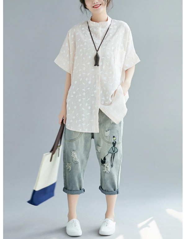 Women Casual Crew Neck Short Sleeves Leaves Print Striped Button Blouse