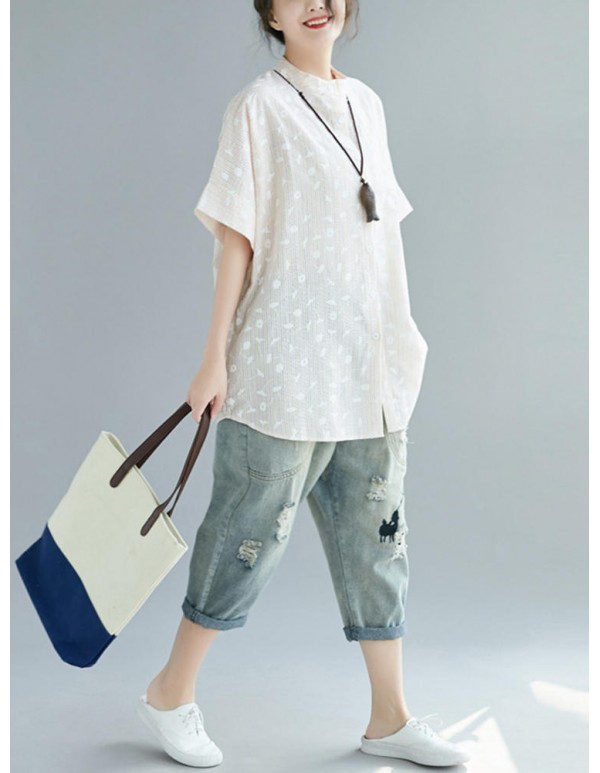 Women Casual Crew Neck Short Sleeves Leaves Print Striped Button Blouse
