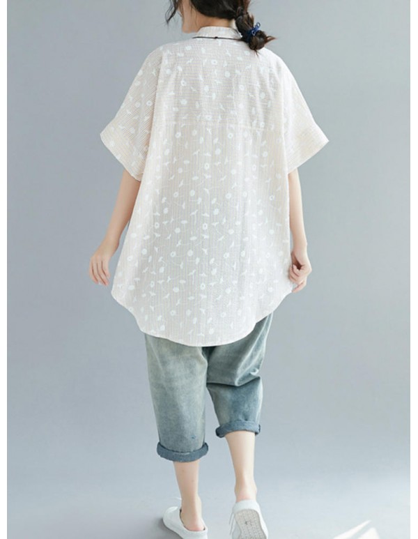 Women Casual Crew Neck Short Sleeves Leaves Print Striped Button Blouse