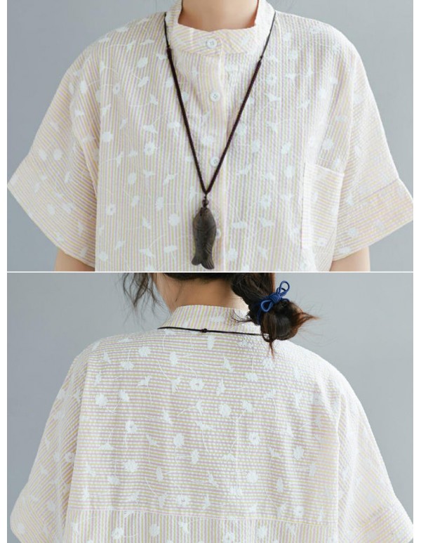 Women Casual Crew Neck Short Sleeves Leaves Print Striped Button Blouse