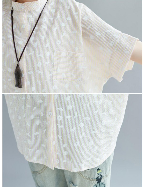 Women Casual Crew Neck Short Sleeves Leaves Print Striped Button Blouse