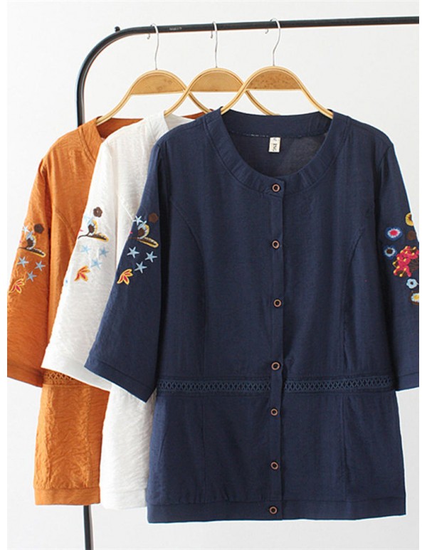Vintage Women Embroidery O-neck Half Sleeves Blouse with Button