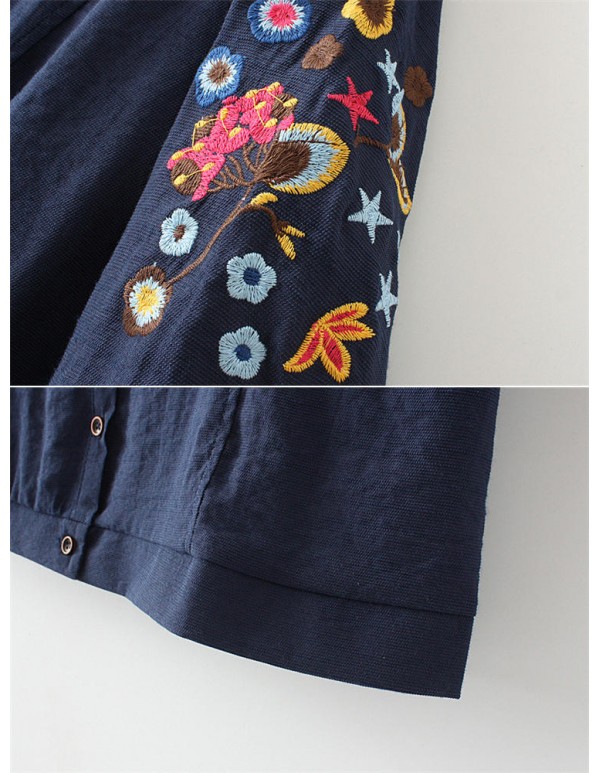 Vintage Women Embroidery O-neck Half Sleeves Blouse with Button