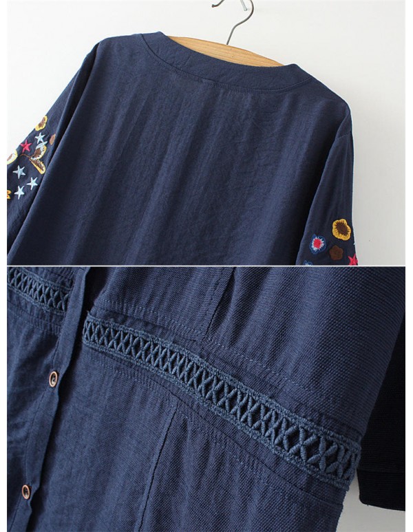 Vintage Women Embroidery O-neck Half Sleeves Blouse with Button