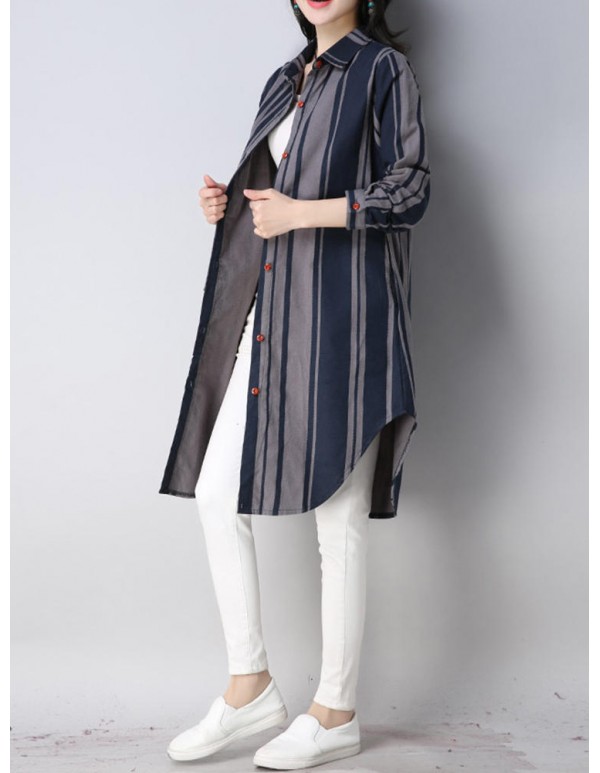 Women Casual Lapel Long Sleeves Striped Long Blouse Shirt