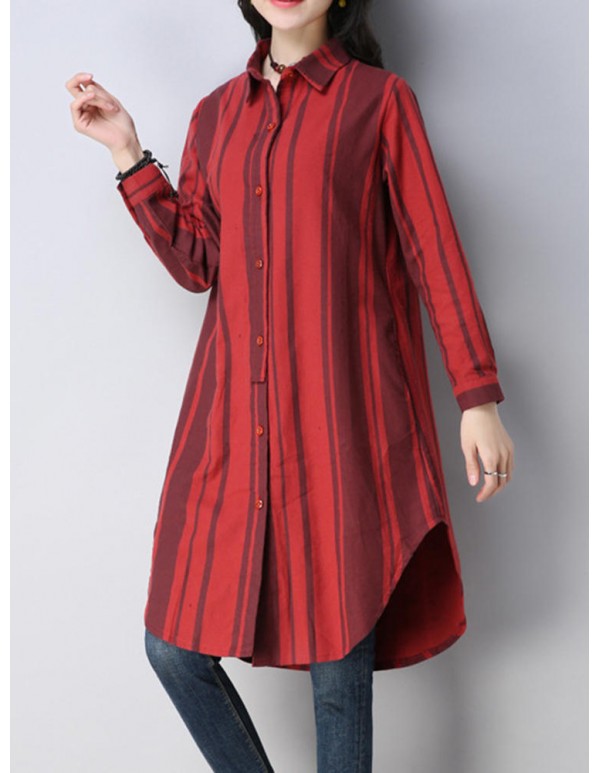 Women Casual Lapel Long Sleeves Striped Long Blouse Shirt