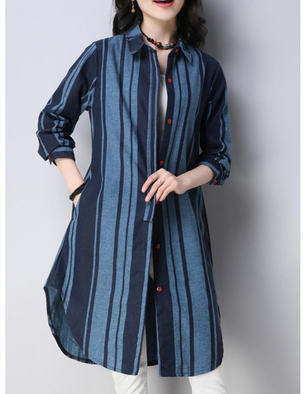 Women Casual Lapel Long Sleeves Striped Long Blouse Shirt