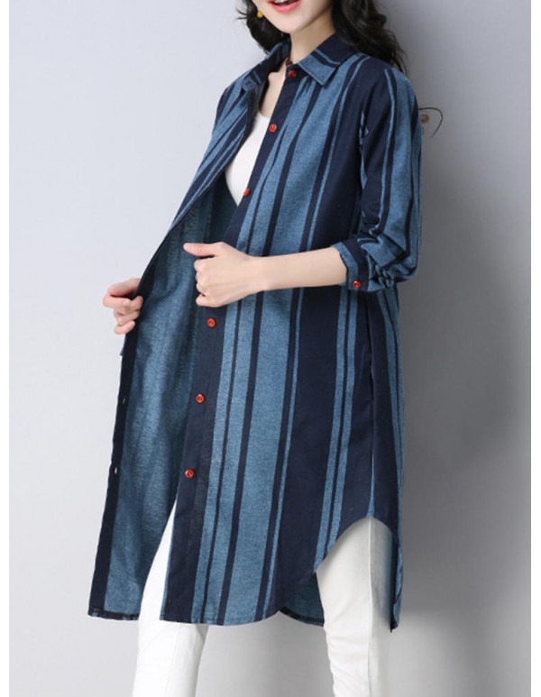 Women Casual Lapel Long Sleeves Striped Long Blouse Shirt