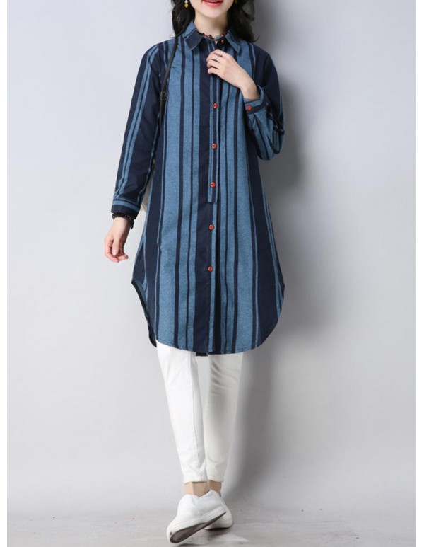 Women Casual Lapel Long Sleeves Striped Long Blouse Shirt