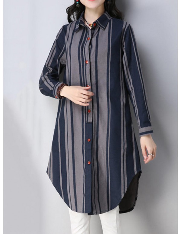 Women Casual Lapel Long Sleeves Striped Long Blouse Shirt