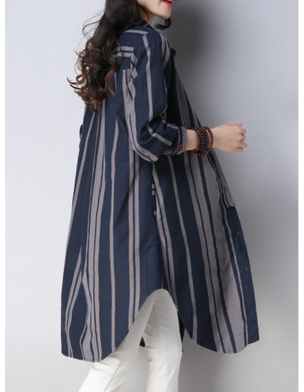 Women Casual Lapel Long Sleeves Striped Long Blouse Shirt