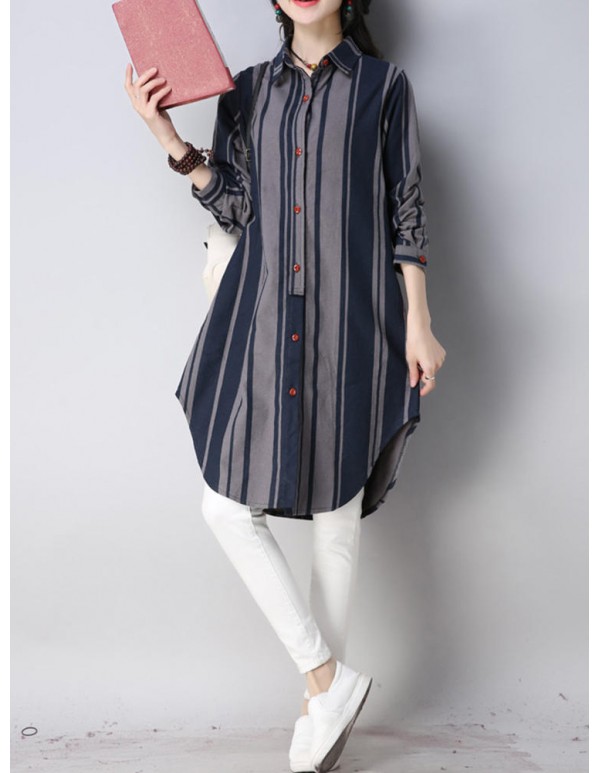 Women Casual Lapel Long Sleeves Striped Long Blouse Shirt