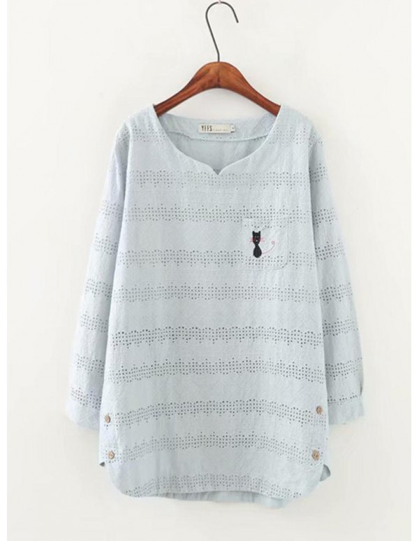 Plus Size Hollow Out Cartoon Cat Print Solid Color Long Sleeve Blouse
