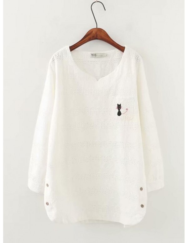 Plus Size Hollow Out Cartoon Cat Print Solid Color Long Sleeve Blouse