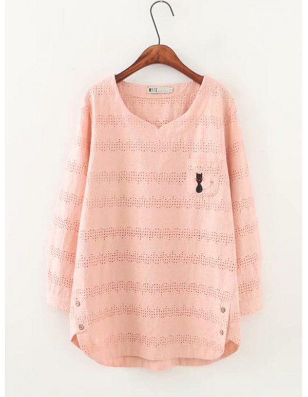 Plus Size Hollow Out Cartoon Cat Print Solid Color Long Sleeve Blouse