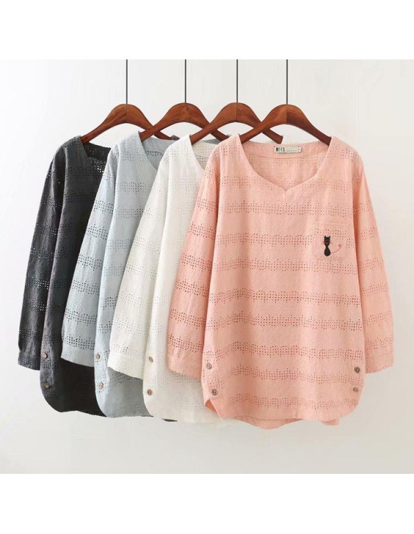 Plus Size Hollow Out Cartoon Cat Print Solid Color Long Sleeve Blouse
