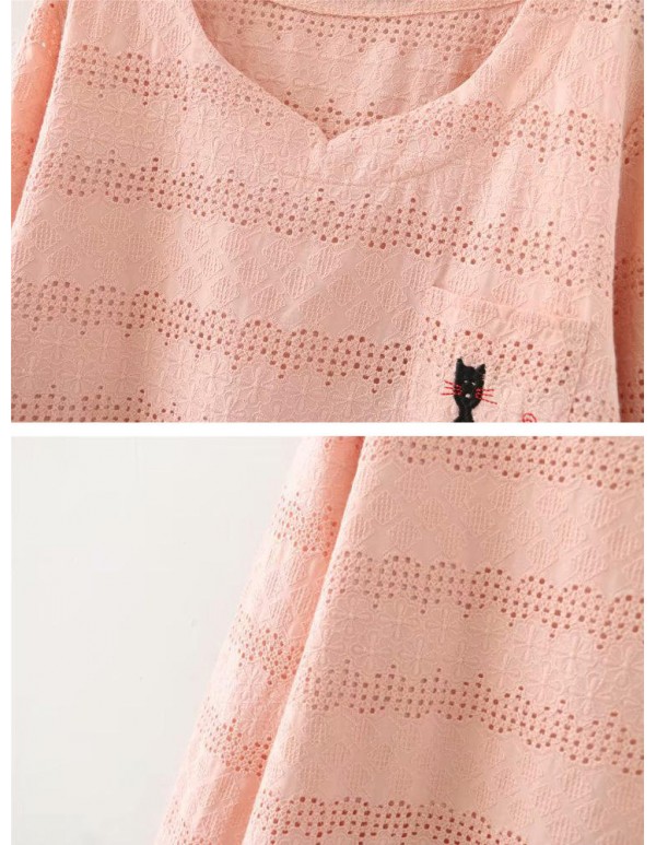 Plus Size Hollow Out Cartoon Cat Print Solid Color Long Sleeve Blouse