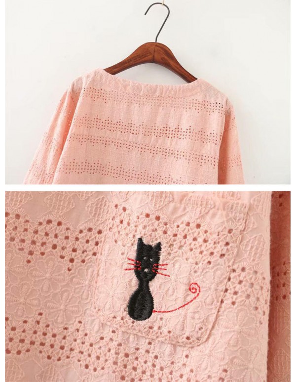 Plus Size Hollow Out Cartoon Cat Print Solid Color Long Sleeve Blouse