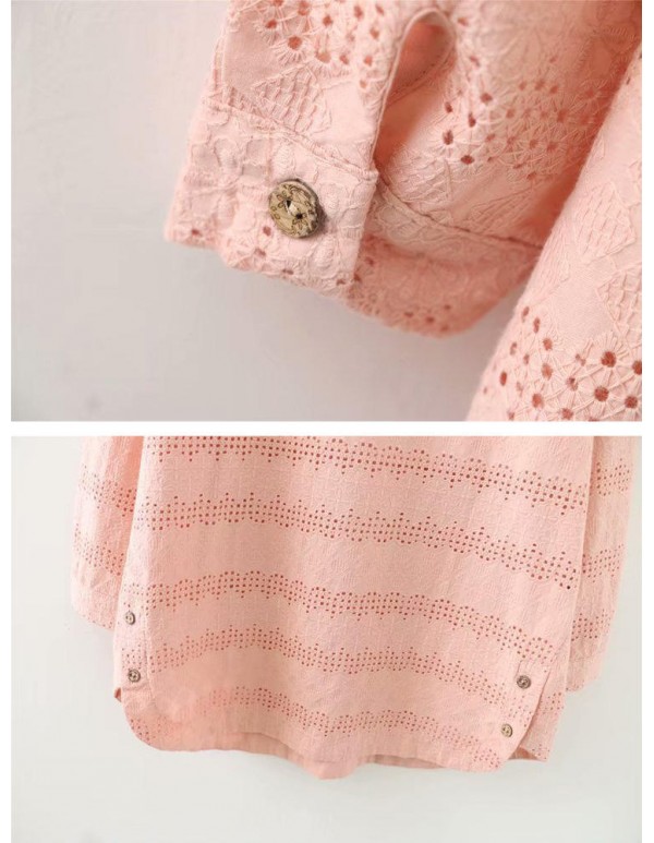 Plus Size Hollow Out Cartoon Cat Print Solid Color Long Sleeve Blouse