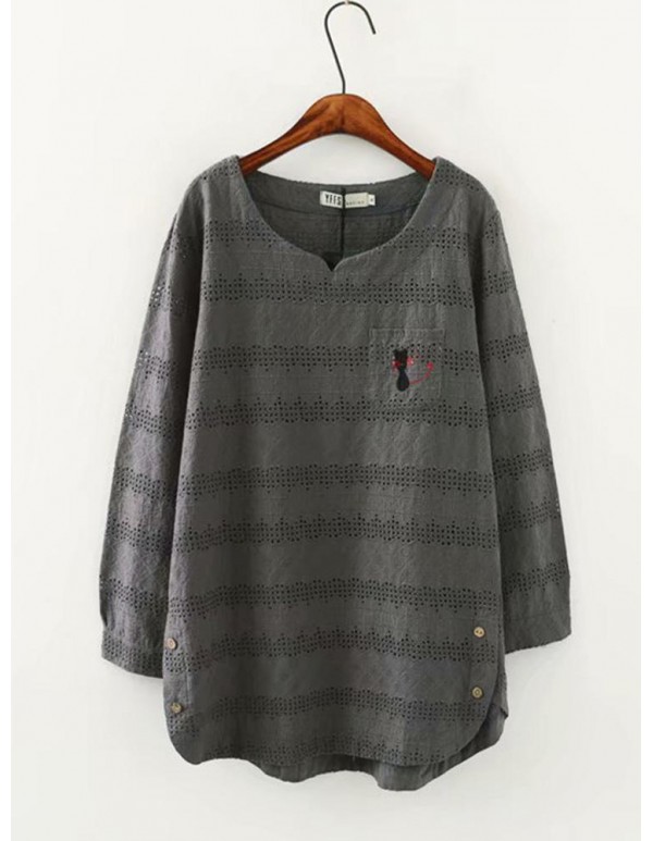 Plus Size Hollow Out Cartoon Cat Print Solid Color Long Sleeve Blouse