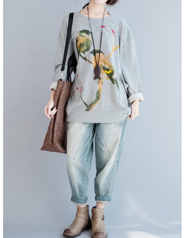 Plus Size Cartoon Bird Print O-Neck Long Sleeve Loose Sweatshirt
