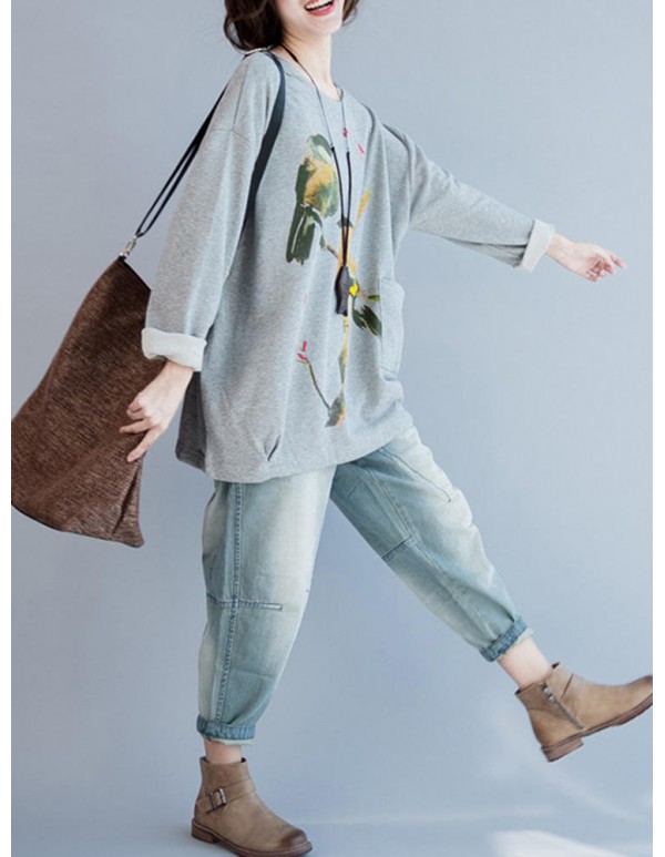 Plus Size Cartoon Bird Print O-Neck Long Sleeve Loose Sweatshirt