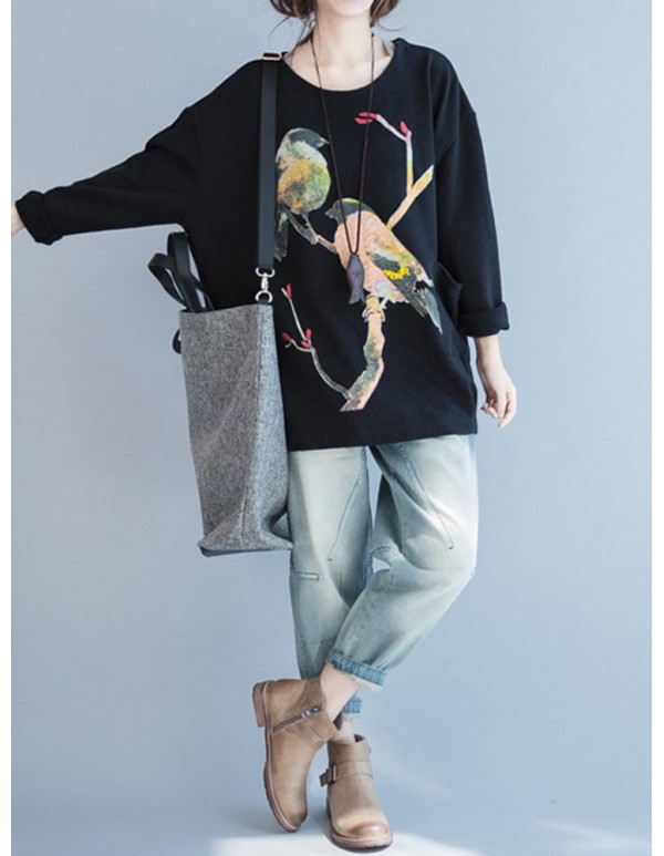 Plus Size Cartoon Bird Print O-Neck Long Sleeve Loose Sweatshirt