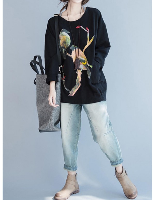 Plus Size Cartoon Bird Print O-Neck Long Sleeve Loose Sweatshirt